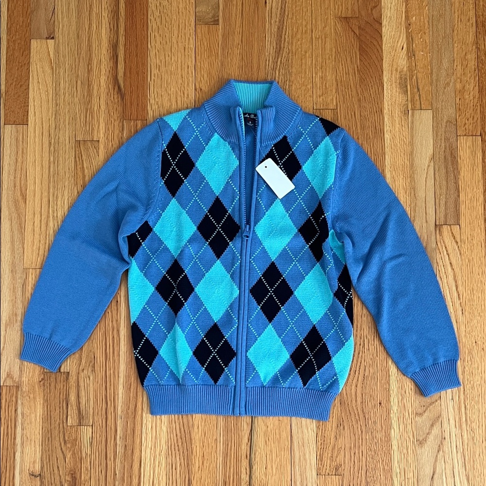 Brooks Brothers Blue Argyle Zip-Up Sweater 100% Cotton